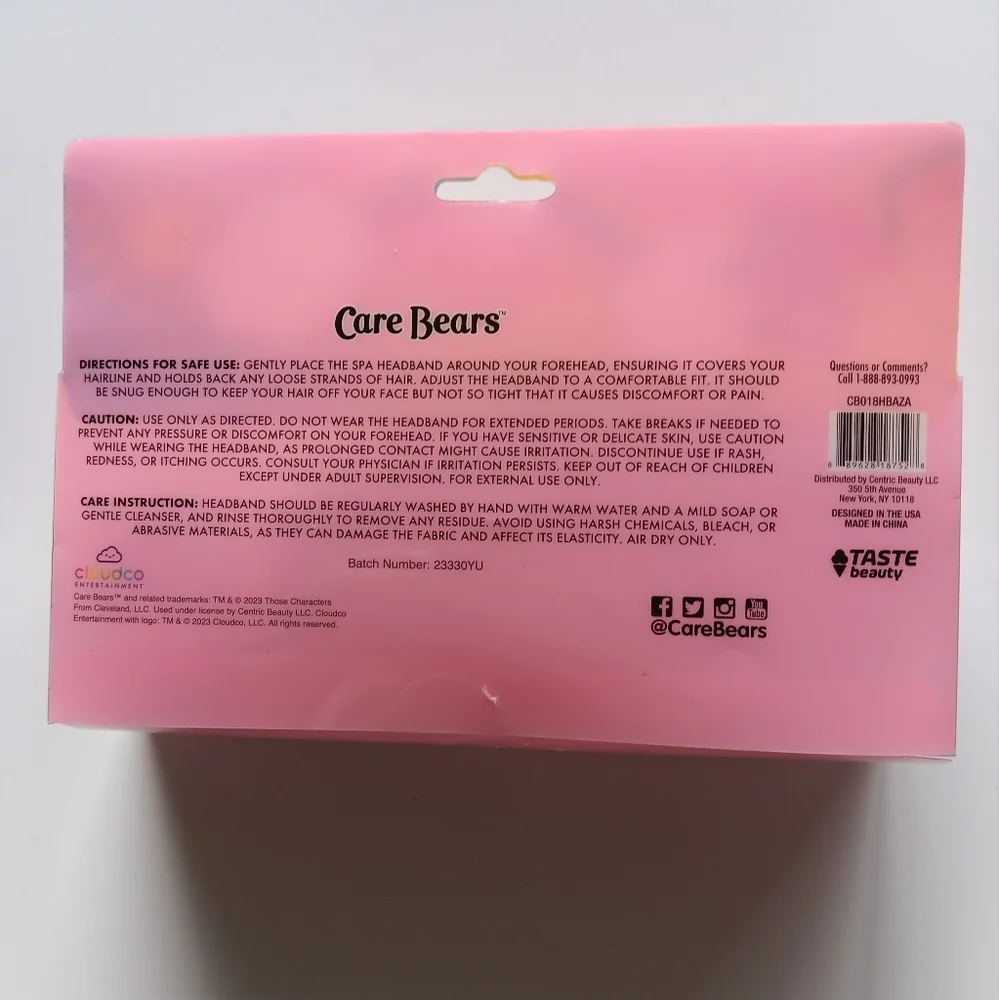 NEW Care Bears Cheer Bear Ears Spa Headband Strechy Terry Pink Rainbow 80s